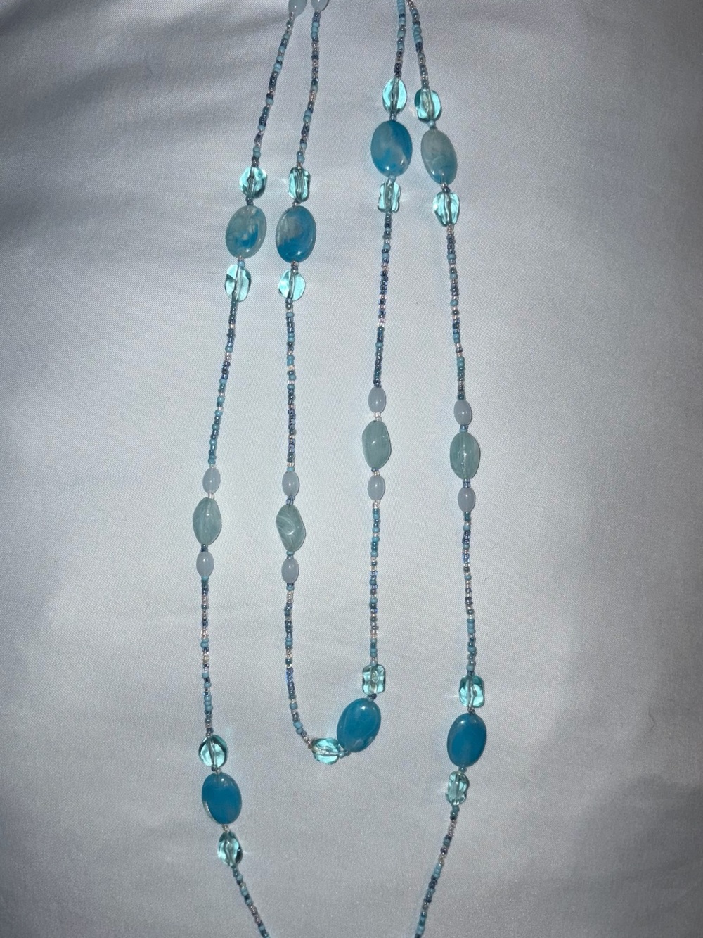 Long Beaded Station Necklace Aqua Blue Sea Glass Style Endless Layering